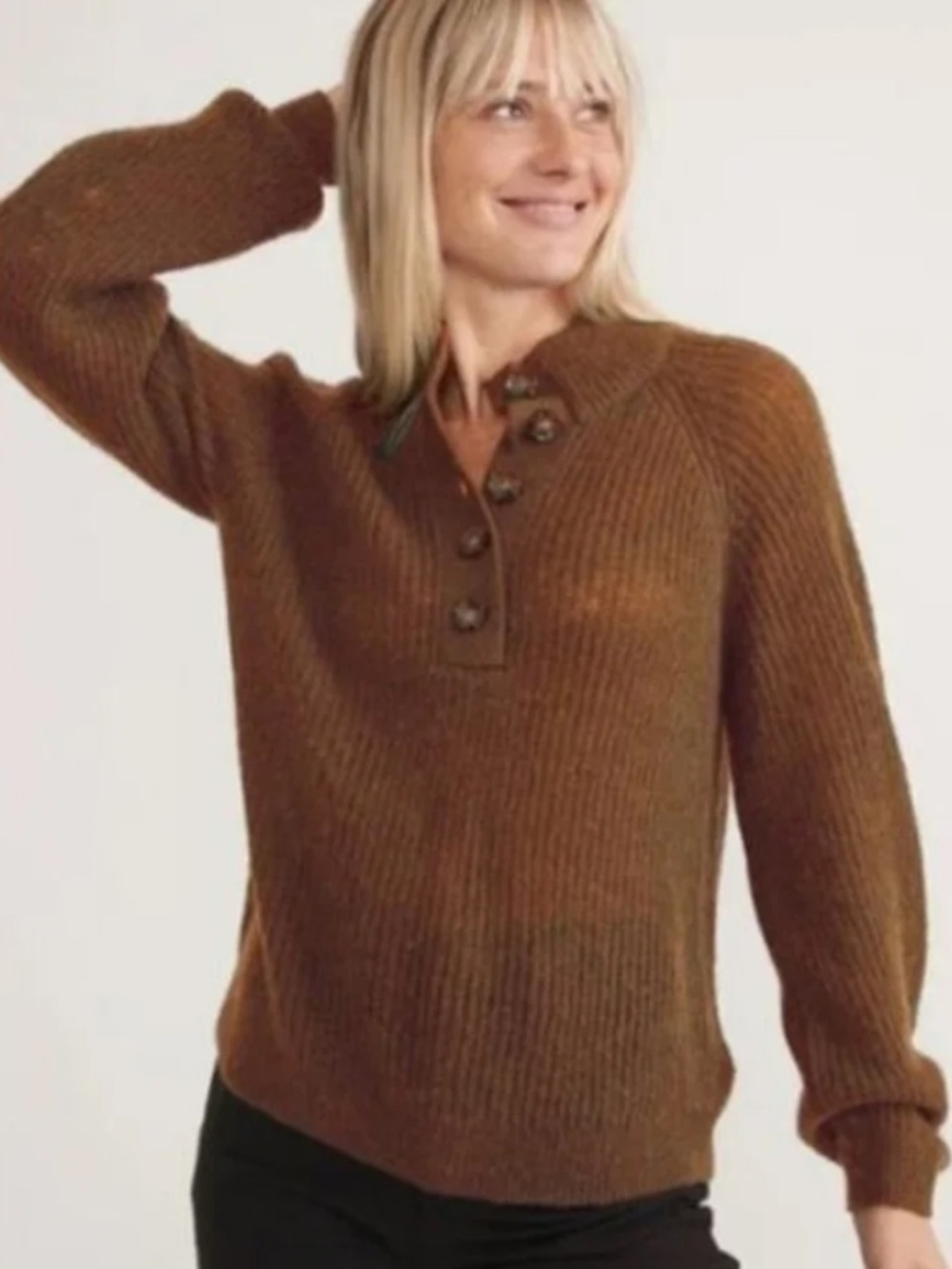 Marine Layer Evelyn Dream Yarn Alpaca Wool Collared Sweater Brown Medium